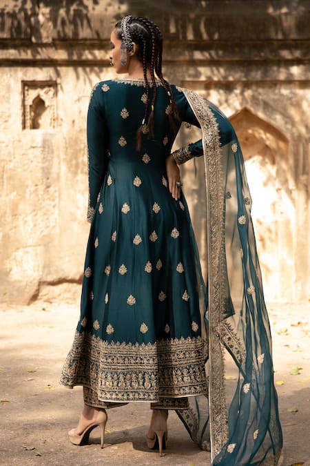 Shop_Megha & Jigar_Green Organza, Chanderi V Neck Embroidered Kurta And Pant Set_at_Aza_Fashions