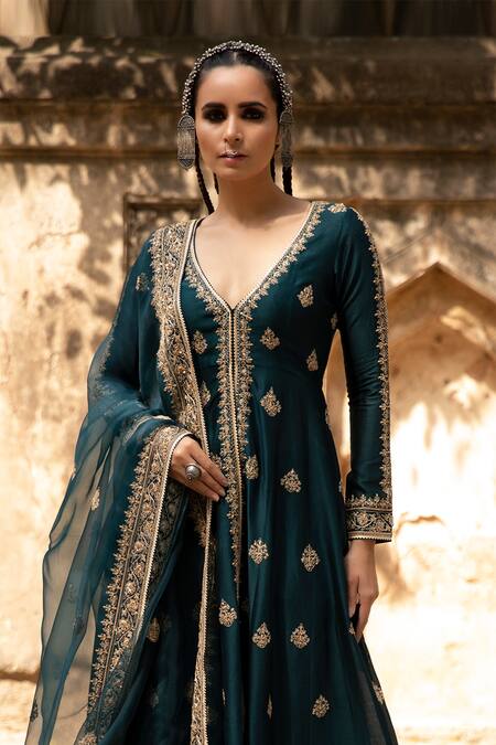 Shop_Megha & Jigar_Green Organza, Chanderi V Neck Embroidered Kurta And Pant Set_Online_at_Aza_Fashions