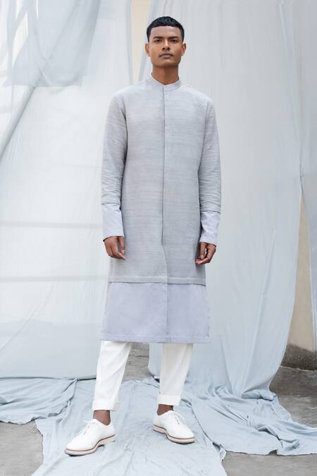 Antar Agni Grey Cotton Satin, Tussar Silk Layered Kurta Online at Aza Fashions Antar Agni_Grey Cotton Satin, Tussar Silk Layered Kurta _Online_at_Aza_Fashions