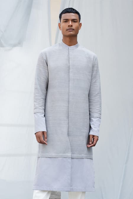 Antar Agni Grey Cotton Satin, Tussar Silk Layered Kurta