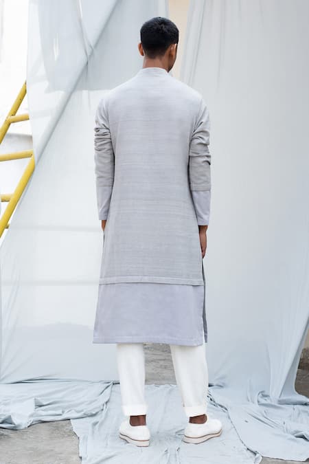 Shop Antar Agni Grey Cotton Satin, Tussar Silk Layered Kurta at Aza Fashions Shop_Antar Agni_Grey Cotton Satin, Tussar Silk Layered Kurta _at_Aza_Fashions