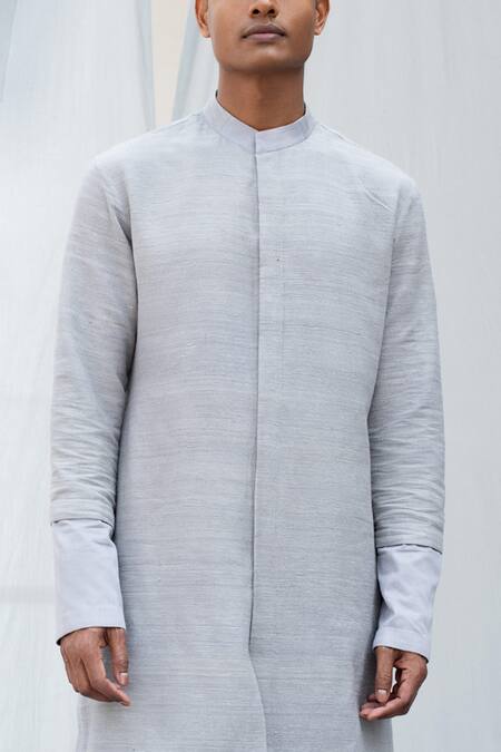 Buy Antar Agni Grey Cotton Satin, Tussar Silk Layered Kurta Online at Aza Fashions Buy_Antar Agni_Grey Cotton Satin, Tussar Silk Layered Kurta _Online_at_Aza_Fashions