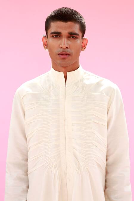 Shop_Antar Agni_White Cotton Silk Asymmetric Kurta _Online_at_Aza_Fashions