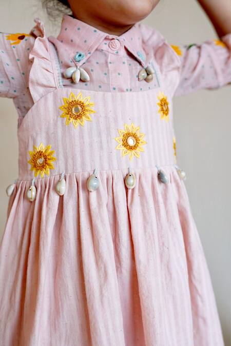 Shop_The Right Cut_Pink Muslin, Silk Mirrors, Embroidery Sunset Malkha Dress With Shirt_Online_at_Aza_Fashions