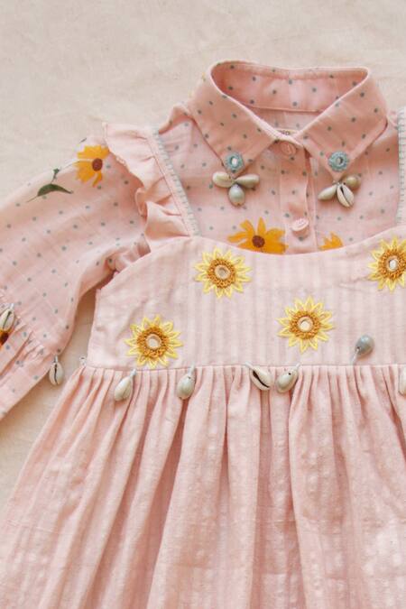 The Right Cut_Pink Muslin, Silk Mirrors, Embroidery Sunset Malkha Dress With Shirt_at_Aza_Fashions