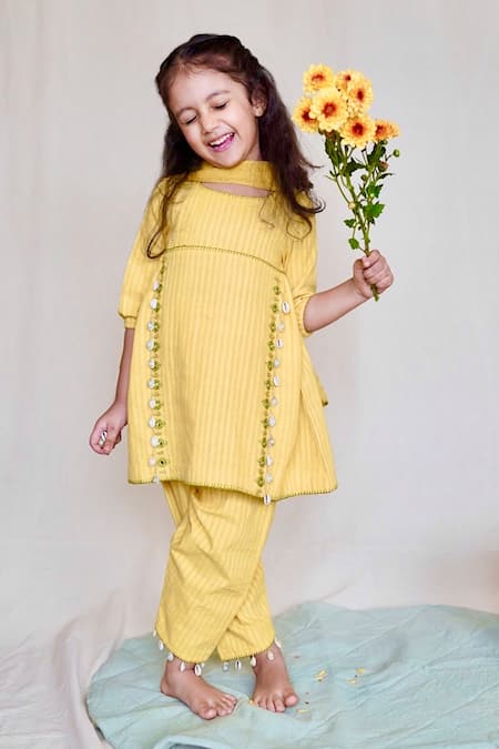 The Right Cut Yellow Muslin Silk Embroidered Mirror Work Striped Kurta Set 