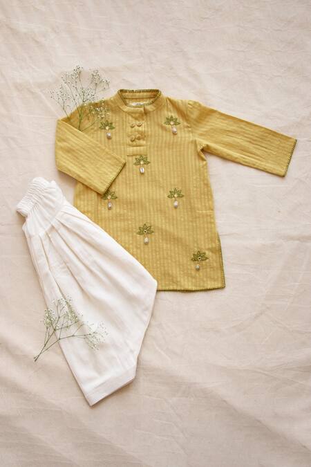The Right Cut_Yellow Cotton Embroidery Jasmine Kurta And Dhoti Salwar Set_Online_at_Aza_Fashions