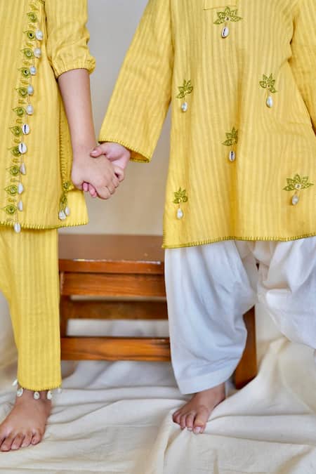 Buy_The Right Cut_Yellow Cotton Embroidery Jasmine Kurta And Dhoti Salwar Set_Online_at_Aza_Fashions