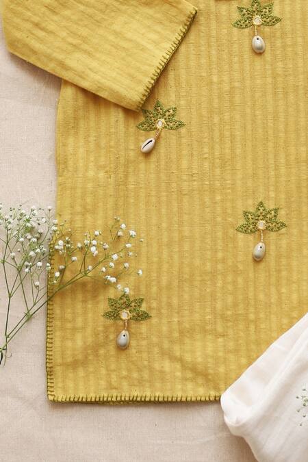Shop_The Right Cut_Yellow Cotton Embroidery Jasmine Kurta And Dhoti Salwar Set_Online_at_Aza_Fashions