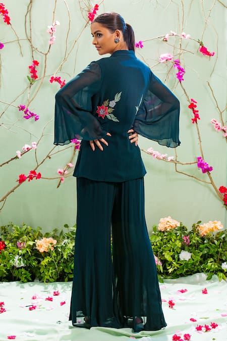 Shop Miku Kumar Blue Georgette And Net Lapel Collar Embroidered Jacket & Palazzo Pant Set at Aza Fashions Shop_Miku Kumar_Blue Georgette And Net Lapel Collar Embroidered Jacket & Palazzo Pant Set _at_Aza_Fashions