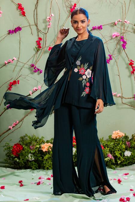 Miku Kumar Blue Georgette And Net Lapel Collar Embroidered Jacket & Palazzo Pant Set Online at Aza Fashions Miku Kumar_Blue Georgette And Net Lapel Collar Embroidered Jacket & Palazzo Pant Set _Online_at_Aza_Fashions