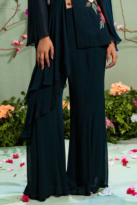 Buy Miku Kumar Blue Georgette And Net Lapel Collar Embroidered Jacket & Palazzo Pant Set Online at Aza Fashions Buy_Miku Kumar_Blue Georgette And Net Lapel Collar Embroidered Jacket & Palazzo Pant Set _Online_at_Aza_Fashions