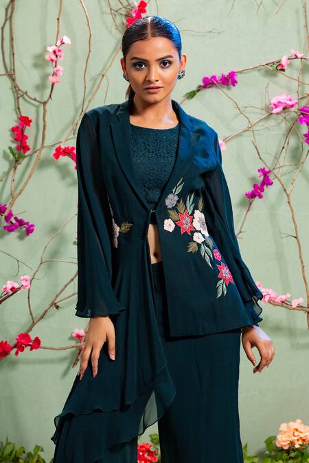 Shop Miku Kumar Blue Georgette And Net Lapel Collar Embroidered Jacket & Palazzo Pant Set Online at Aza Fashions Shop_Miku Kumar_Blue Georgette And Net Lapel Collar Embroidered Jacket & Palazzo Pant Set _Online_at_Aza_Fashions