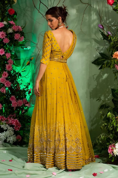 Shop Miku Kumar Yellow Net, Georgette Sequin Work, Zardozi V Neck Embroidered Lehenga Set at Aza Fashions Shop_Miku Kumar_Yellow Net, Georgette Sequin Work, Zardozi V Neck Embroidered Lehenga Set _at_Aza_Fashions