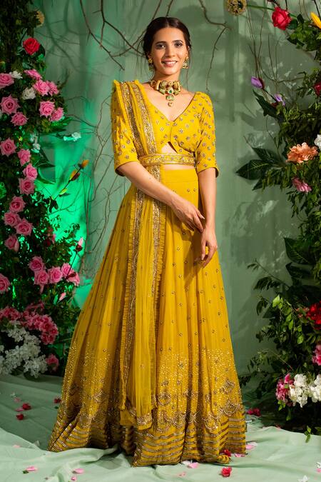 Miku Kumar Yellow Net, Georgette Sequin Work, Zardozi V Neck Embroidered Lehenga Set Online at Aza Fashions Miku Kumar_Yellow Net, Georgette Sequin Work, Zardozi V Neck Embroidered Lehenga Set _Online_at_Aza_Fashions