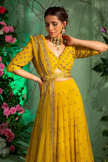 Buy Miku Kumar Yellow Net, Georgette Sequin Work, Zardozi V Neck Embroidered Lehenga Set Online at Aza Fashions Buy_Miku Kumar_Yellow Net, Georgette Sequin Work, Zardozi V Neck Embroidered Lehenga Set _Online_at_Aza_Fashions