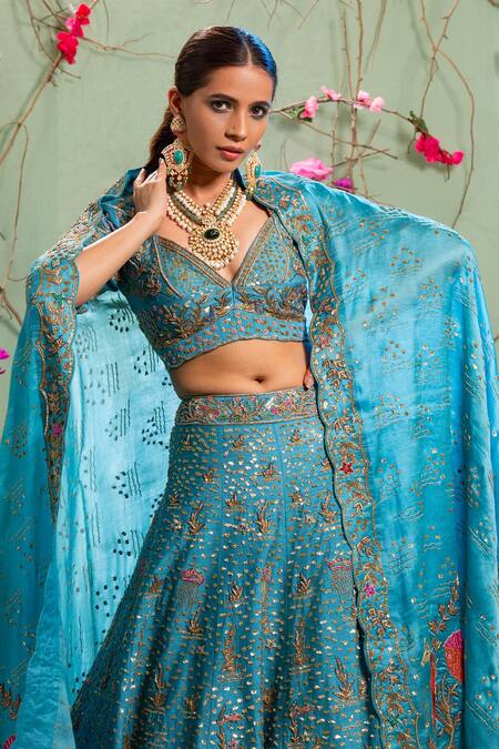 Buy_Miku Kumar_Blue Silk, Satin Organza Resham Work, Zardozi Embroidered Bridal Lehenga Set _Online_at_Aza_Fashions