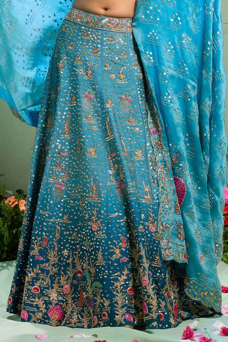Shop_Miku Kumar_Blue Silk, Satin Organza Resham Work, Zardozi Embroidered Bridal Lehenga Set _Online_at_Aza_Fashions