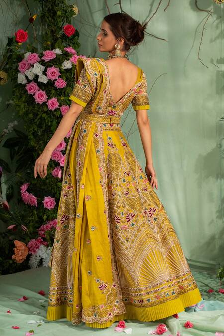 Shop_Miku Kumar_Yellow Silk, Satin Organza Zardozi Work V Neck Embroidered Bridal Lehenga Set _at_Aza_Fashions