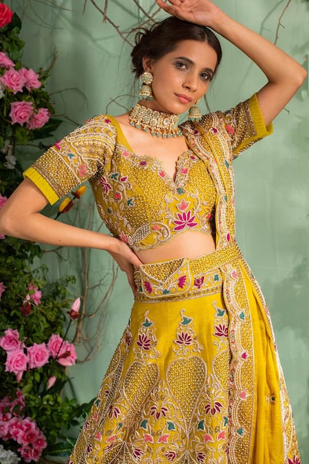 Miku Kumar_Yellow Silk, Satin Organza Zardozi Work V Neck Embroidered Bridal Lehenga Set _Online_at_Aza_Fashions
