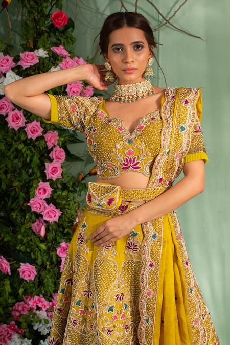 Buy_Miku Kumar_Yellow Silk, Satin Organza Zardozi Work V Neck Embroidered Bridal Lehenga Set _Online_at_Aza_Fashions