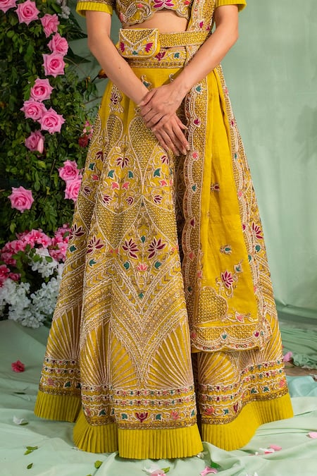 Miku Kumar_Yellow Silk, Satin Organza Zardozi Work V Neck Embroidered Bridal Lehenga Set _at_Aza_Fashions