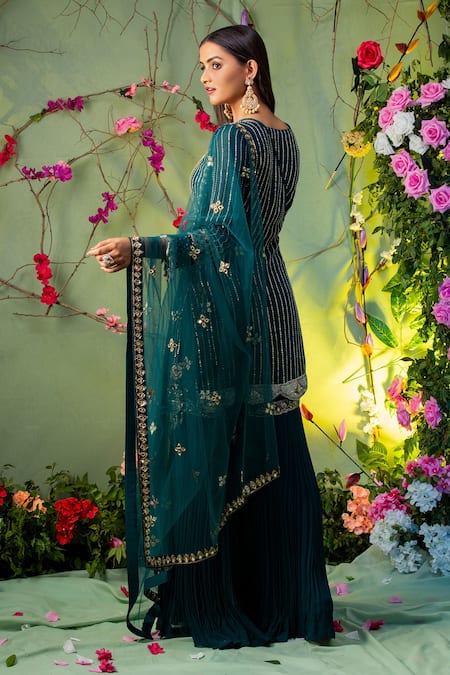Shop Miku Kumar Green Georgette And Net Square Neck Embellished Kurta & Gharara Set at Aza Fashions Shop_Miku Kumar_Green Georgette And Net Square Neck Embellished Kurta & Gharara Set _at_Aza_Fashions
