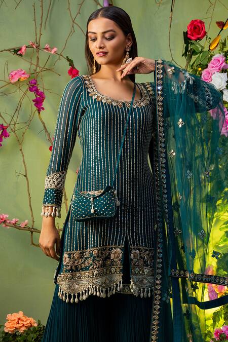 Buy Miku Kumar Green Georgette And Net Square Neck Embellished Kurta & Gharara Set Online at Aza Fashions Buy_Miku Kumar_Green Georgette And Net Square Neck Embellished Kurta & Gharara Set _Online_at_Aza_Fashions