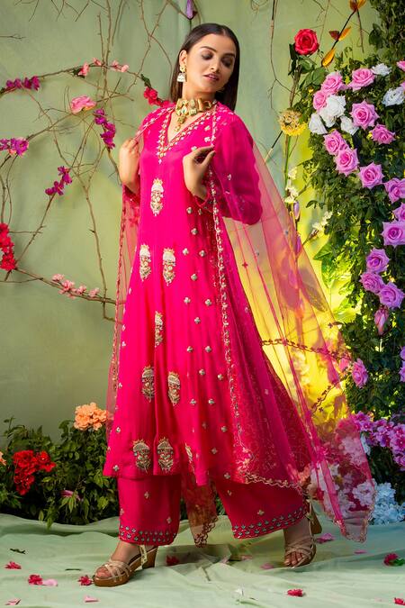 Buy_Miku Kumar_Pink Georgette And Net V Neck Embroidered Kurta & Palazzo Pant Set _Online_at_Aza_Fashions