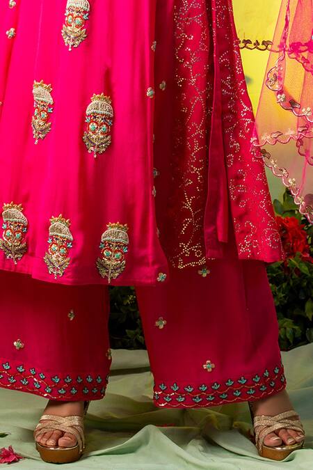 Shop_Miku Kumar_Pink Georgette And Net V Neck Embroidered Kurta & Palazzo Pant Set _Online_at_Aza_Fashions