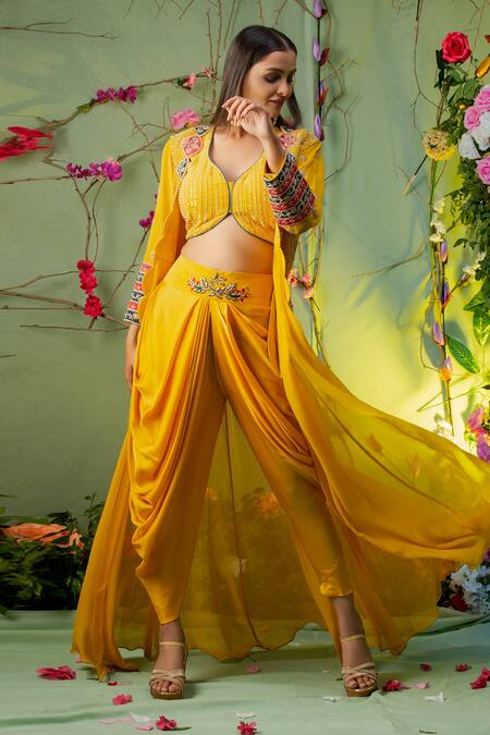 Miku Kumar_Yellow Georgette And Modal Satin Leaf Neck Embroidered Cape & Dhoti Pant Set _Online_at_Aza_Fashions