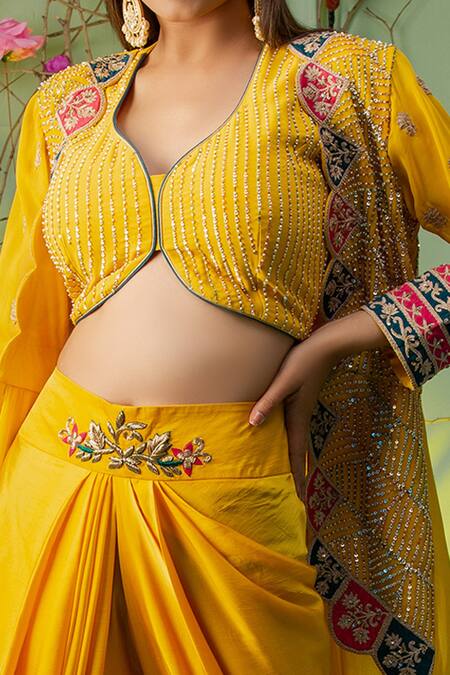 Shop_Miku Kumar_Yellow Georgette And Modal Satin Leaf Neck Embroidered Cape & Dhoti Pant Set _Online_at_Aza_Fashions