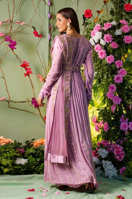 Shop Miku Kumar Purple Georgette And Net V Neck Embroidered Anarkali Set at Aza Fashions Shop_Miku Kumar_Purple Georgette And Net V Neck Embroidered Anarkali Set _at_Aza_Fashions