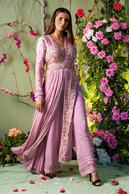 Miku Kumar Purple Georgette And Net V Neck Embroidered Anarkali Set Online at Aza Fashions Miku Kumar_Purple Georgette And Net V Neck Embroidered Anarkali Set _Online_at_Aza_Fashions