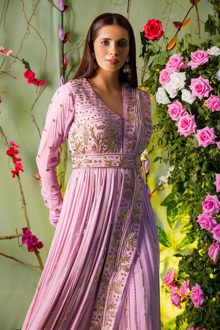 Buy Miku Kumar Purple Georgette And Net V Neck Embroidered Anarkali Set Online at Aza Fashions Buy_Miku Kumar_Purple Georgette And Net V Neck Embroidered Anarkali Set _Online_at_Aza_Fashions