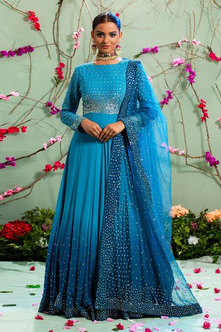Miku Kumar Blue Georgette And Net Round Embellished Anarkali Set Online at Aza Fashions Miku Kumar_Blue Georgette And Net Round Embellished Anarkali Set_Online_at_Aza_Fashions