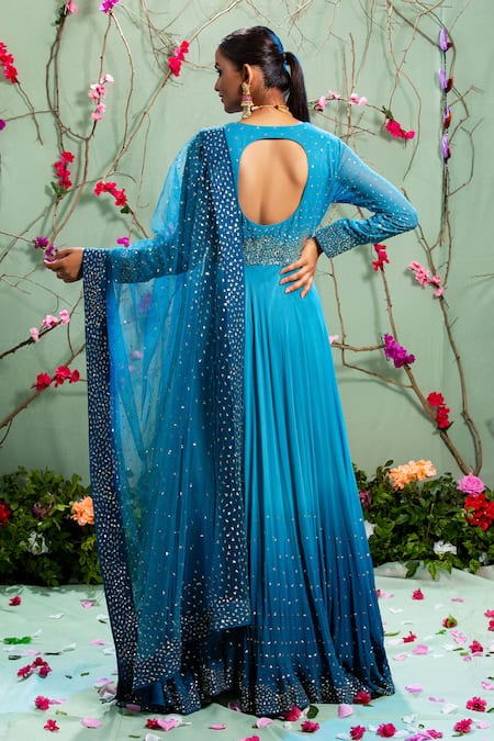 Shop Miku Kumar Blue Georgette And Net Round Embellished Anarkali Set at Aza Fashions Shop_Miku Kumar_Blue Georgette And Net Round Embellished Anarkali Set_at_Aza_Fashions