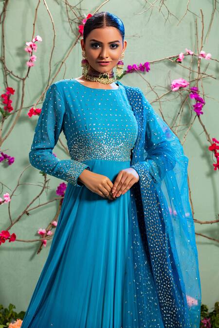 Buy Miku Kumar Blue Georgette And Net Round Embellished Anarkali Set Online at Aza Fashions Buy_Miku Kumar_Blue Georgette And Net Round Embellished Anarkali Set_Online_at_Aza_Fashions