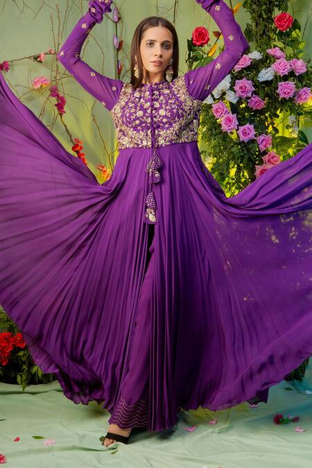 Buy Miku Kumar Purple Georgette And Tissue Round Embroidered Anarkali Set Online at Aza Fashions Buy_Miku Kumar_Purple Georgette And Tissue Round Embroidered Anarkali Set _Online_at_Aza_Fashions