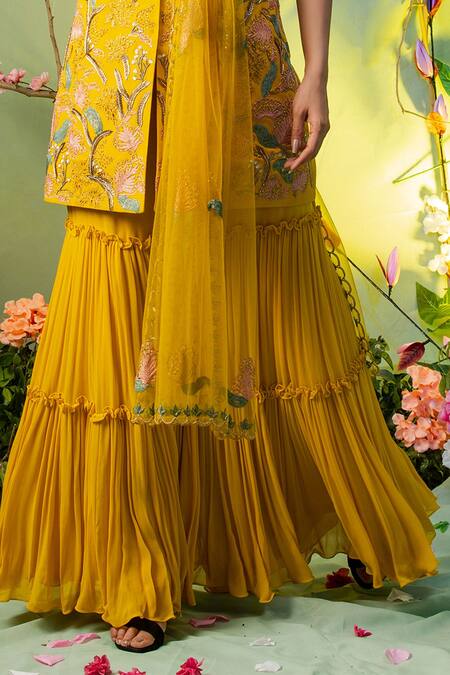 Miku Kumar Yellow Georgette And Net Lapel Collar Embroidered Kurta & Gharara Set Online at Aza Fashions Miku Kumar_Yellow Georgette And Net Lapel Collar Embroidered Kurta & Gharara Set _Online_at_Aza_Fashions