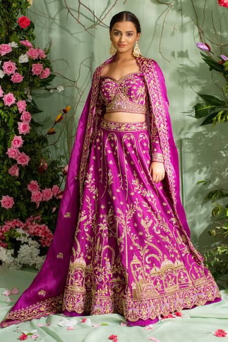 Miku Kumar Purple Silk, Satin Organza Zardozi Work One Embroidered Off Lehenga Set Online at Aza Fashions Miku Kumar_Purple Silk, Satin Organza Zardozi Work One Embroidered Off Lehenga Set _Online_at_Aza_Fashions