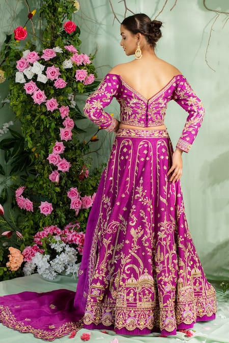 Shop Miku Kumar Purple Silk, Satin Organza Zardozi Work One Embroidered Off Lehenga Set at Aza Fashions Shop_Miku Kumar_Purple Silk, Satin Organza Zardozi Work One Embroidered Off Lehenga Set _at_Aza_Fashions