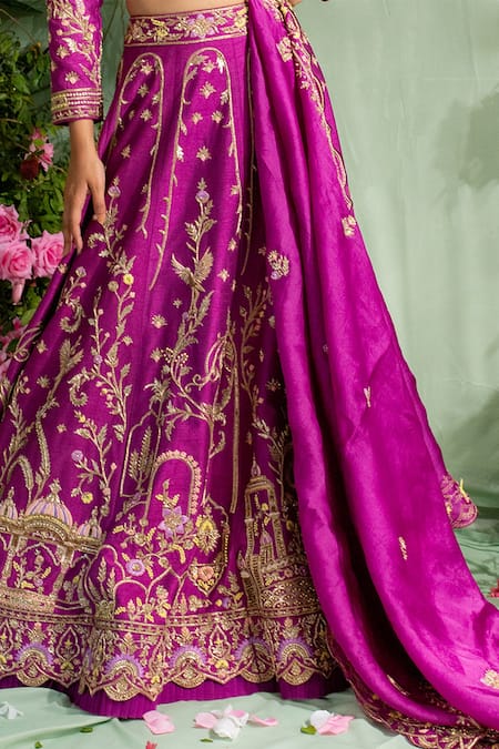 Shop Miku Kumar Purple Silk, Satin Organza Zardozi Work One Embroidered Off Lehenga Set Online at Aza Fashions Shop_Miku Kumar_Purple Silk, Satin Organza Zardozi Work One Embroidered Off Lehenga Set _Online_at_Aza_Fashions
