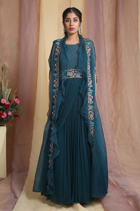 Miku Kumar_Blue Tissue, Georgette Floral Motifs, Stripes Draped With Embroidered Cape_Online_at_Aza_Fashions