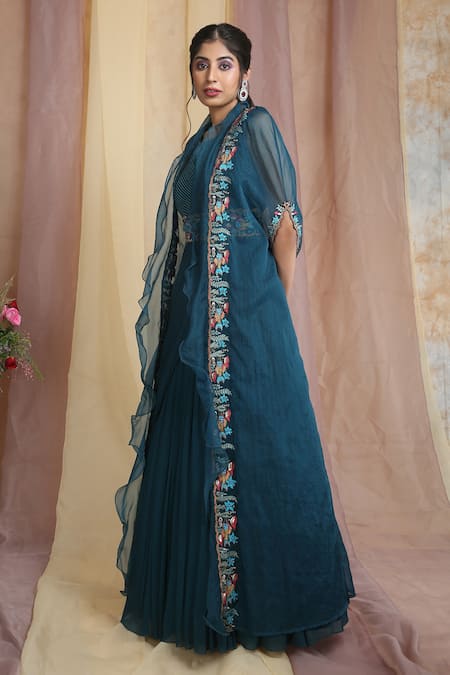Buy_Miku Kumar_Blue Tissue, Georgette Floral Motifs, Stripes Draped With Embroidered Cape_Online_at_Aza_Fashions