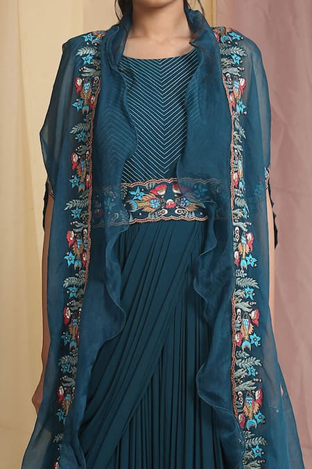 Shop_Miku Kumar_Blue Tissue, Georgette Floral Motifs, Stripes Draped With Embroidered Cape_Online_at_Aza_Fashions