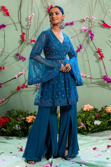 Buy Miku Kumar Blue Georgette And Net V Neck Embroidered Kurta & Palazzo Pant Set Online at Aza Fashions Buy_Miku Kumar_Blue Georgette And Net V Neck Embroidered Kurta & Palazzo Pant Set _Online_at_Aza_Fashions