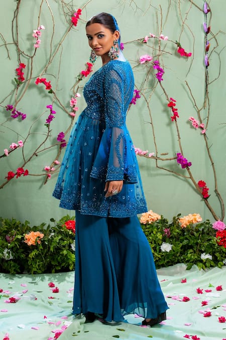 Shop Miku Kumar Blue Georgette And Net V Neck Embroidered Kurta & Palazzo Pant Set at Aza Fashions Shop_Miku Kumar_Blue Georgette And Net V Neck Embroidered Kurta & Palazzo Pant Set _at_Aza_Fashions