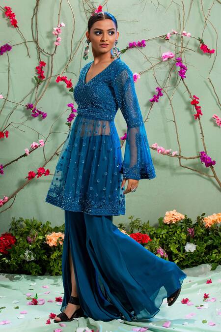 Miku Kumar Blue Georgette And Net V Neck Embroidered Kurta & Palazzo Pant Set Online at Aza Fashions Miku Kumar_Blue Georgette And Net V Neck Embroidered Kurta & Palazzo Pant Set _Online_at_Aza_Fashions
