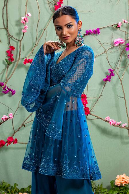 Shop Miku Kumar Blue Georgette And Net V Neck Embroidered Kurta & Palazzo Pant Set Online at Aza Fashions Shop_Miku Kumar_Blue Georgette And Net V Neck Embroidered Kurta & Palazzo Pant Set _Online_at_Aza_Fashions